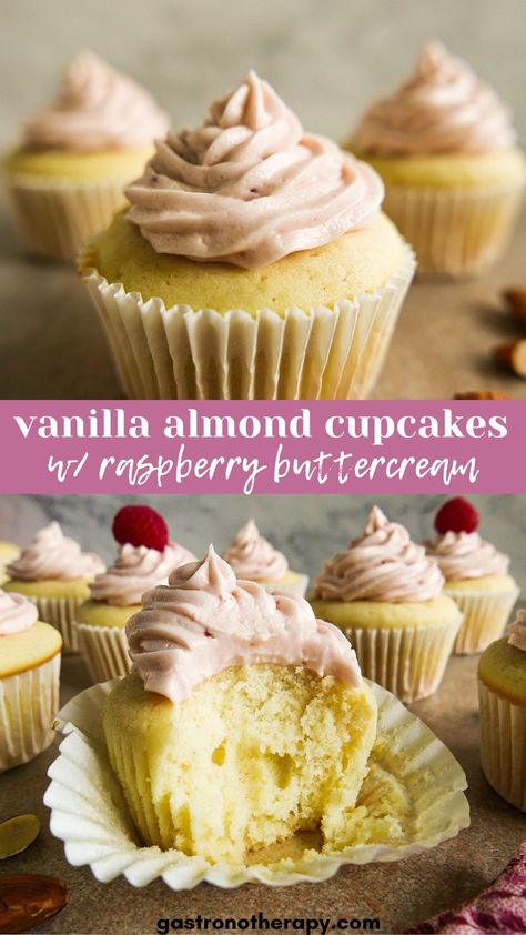 Sliced vanilla cupcakes on a table. What Is Cake Flour, Mother's Day Dessert, Almond Cupcakes, Cake Portions, Mothers Day Desserts, Raspberry Buttercream, Delicious Cupcakes, Raspberry Almond, Cupcake Cake Designs