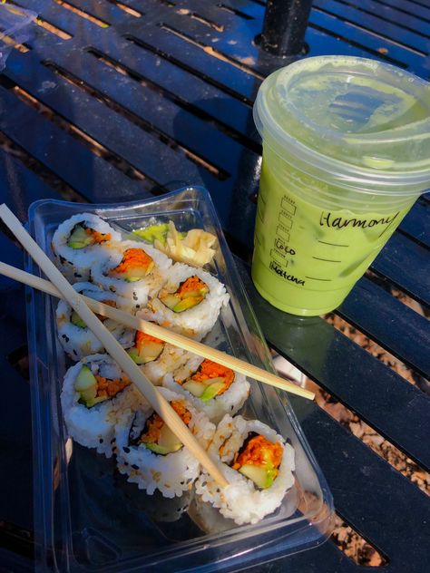 vegatable california roll sushi and starbucks iced matcha with coco milk! Starbucks Iced Matcha, Sushi California Roll, California Roll Sushi, Sushi Aesthetic, Roll Sushi, California Roll, Iced Matcha, Food Pics, 17th Birthday