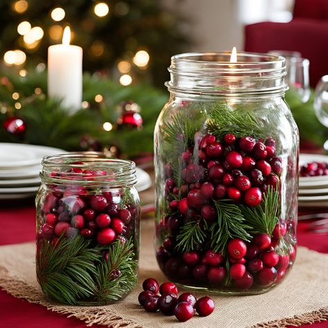 17 Budget-Friendly Christmas Centerpiece Ideas - My Besuited Home Cranberry Vase Centerpiece, Simple Christmas Centrepiece Ideas, Christmas Diy Vase Ideas, Mason Jar Holiday Centerpieces, Christmas Centerpiece For Kitchen Island, Simple Winter Centerpieces Diy, Diy Holiday Centerpieces For Tables, Christmas Small Centerpieces, Christmas Mason Jar Centerpieces