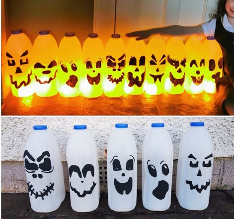 Milk Gallon Ghost, Milk Bottle Lanterns, Milk Bottle Halloween Crafts, Halloween Milk Bottle Ghosts, Milk Jug Ghosts Halloween Decorations, Milk Bottle Ghosts, Milk Carton Ghosts, Milk Jug Halloween Decor, Bottle Halloween Decorations