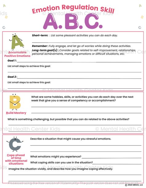 Accumulating positive emotions means seeking out positive emotions in one’s life through positive experiences. Building mastery involves engaging in activities that boost feelings of competence, whereas coping ahead means anticipating distressing situations and rehearsing plans to cope skillfully. These concepts are part of the emotion regulation skill called ABC in Dialectical Behavior Therapy (DBT). The ABC DBT Skills Worksheet includes a set of questions and prompts for each ABC skill. For “Accumulating positive emotions,” clients will be asked to write down short-term and long-term goals they can work on, and steps to achieve these goals. “Building mastery” encourages individuals to write down a hobby or a challenging skill they can master for the week, “Coping ahead” prompts clients t Cope Ahead Plan, Abc Please Dbt Skill, Dbt Worksheet Activities, Dbt Skills Activities, Dbt Skills Worksheets Free Printable, Coping Skills Worksheet, 2024 Growth, Dbt Activities, Dbt Skills Worksheets