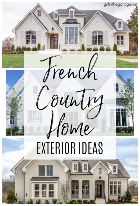 French Country House Facades, French Country Windows Exterior, French Country Architecture Exterior, French White Brick House, Back Porch Exterior, Country French House Exterior, French Country Home Exterior One Story, French Country House Exterior Paint Colors, French Country Elevations