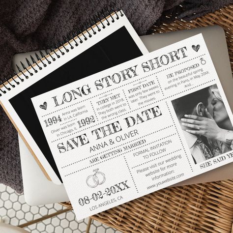 Newspaper Ideas, Save The Date Black, Photo Funny, 2025 Wedding, Unique Save The Dates, Date Photo, Wedding Announcement, Save The Date Photos, Long Story Short