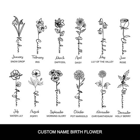 Birth Month Flowers Tattoo, Birth Flower and Name Svg, Birth Month Tattoo Design, Family Tattoo It is a digital product.  Files will be sent to you in 24-48 hours once payment is confirmed. HOW TO ORDER? Add in the personalization box - Name - Birth Month - If you have a special request you want to add, you can add it to the box. Customer satisfaction: No refunds on digital downloads. But if you are not satisfied with the product, we can make changes on the design according to your wishes.  Feel Aquarius Flower Tattoo Birth Month, Birth Flower Tattoo On Forearm, June Flower Tattoo With Name, January Birth Flower Tattoo With Name, Sagittarius Flower Tattoo Birth Month, Birth Symbol Tattoo, January Tattoo Ideas Birth Month, Flower Tattoo Name Stem, October Tattoo Ideas Birth Month