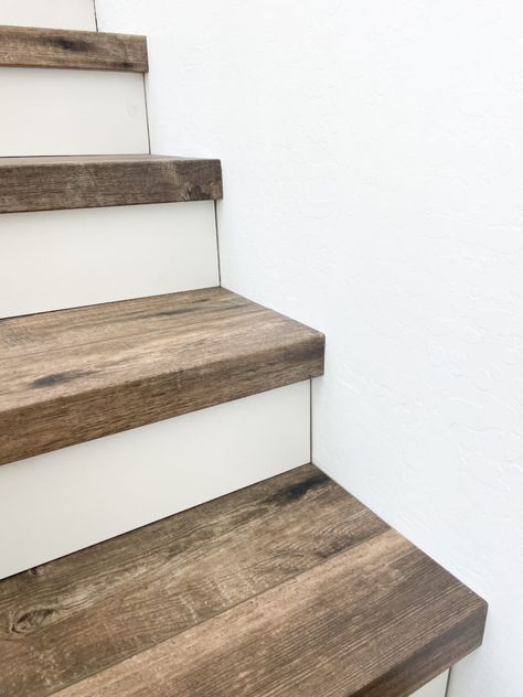 Hardwood Ceramic Tile Floor, Hardwood Floors On Stairs, Vinyl Plank Stairs With White Risers, Lvp Flooring On Stairs Diy, Stairway Diy Makeover, How To Install Lvp On Stairs, Vinyl Plank Stairs Staircases, Vynil Flooring On Stairs, Stairs With Lvp Flooring