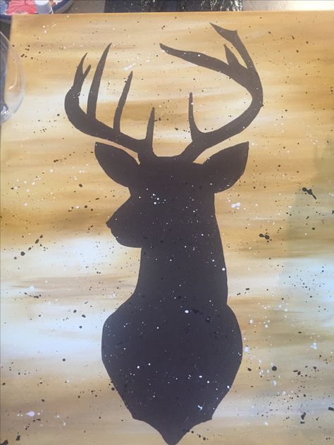 Deer silhouette on gold back ground with splatter- I did it!! Deer Painting Canvases, Western Drawings Easy, Deer Painting Easy, Easy Western Paintings, Western Painting Ideas On Canvas, Western Painting Ideas Easy, Western Painting Canvas, Qtip Painting, Hunter Painting