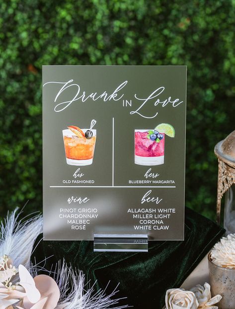 Click on the following link to browse HUNDREDS more designs in our shop!! https://pinkposiesandpearls.etsy.com/  Drunk In Love Bar Menu Signature Cocktails Custom Clear Glass Look Acrylic Wedding Quote Sign with Dark Walnut Wooden Base or Clear/Silver Stand | Welcome to Pink Posies and Pearls Wedding and Gift Boutique | We love the sleek, clean lines of these wedding acrylic signs! This acrylic is a display material that is strong, moisture resistant & visually clearer than glass, not to mention shatterproof! | HOW TO ORDER | *.    These Signature Cocktail Signs feature a his and her specialty drink. First, choose your size (8x10 is pictured). *     Next, choose your stand choice. *     Last, enter the names and/or ingredients of each drink. If you are planning on 3 or more drinks, we sugg Wedding Sign Stand, Wedding Quote Signs, Acrylic Wedding Sign, Wedding Signature Drinks, Wedding Quote, Signature Cocktails, Cocktails Sign, Signature Drinks Sign, Drunk In Love