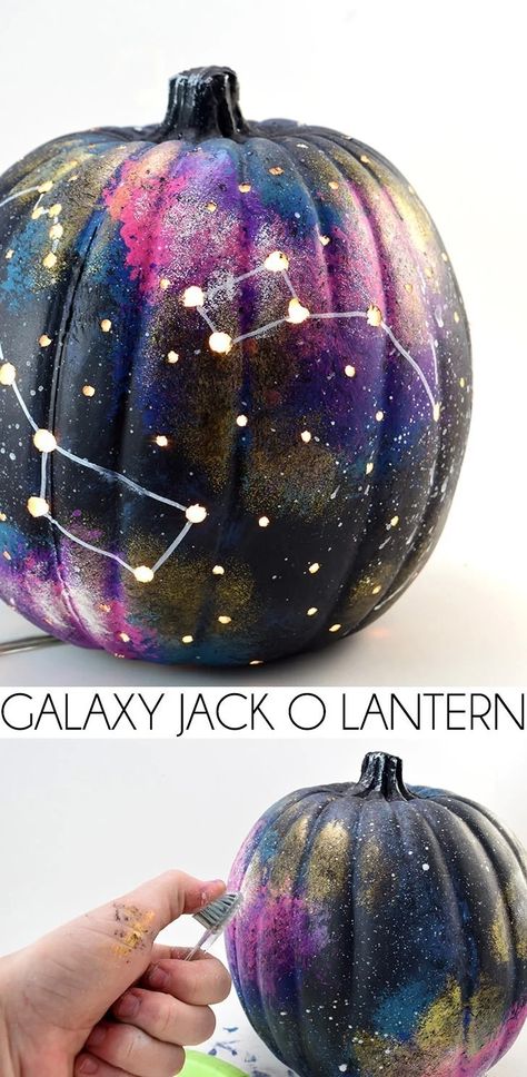 Constellation Pumpkin Carving Ideas, Constellation Pumpkin, Galaxy Pumpkin, Pumpkin Painting Designs, Decorating Pumpkins, Pasteles Halloween, Lantern Diy, Pumpkin Diy, Halloween Decor Diy