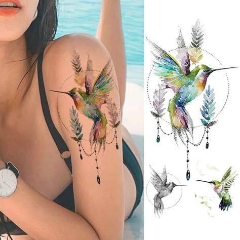 Hummingbird Flower Tattoos, Bird Tattoos For Women, Rose Flower Tattoos, Arm Drawing, Lavender Tattoo, Watercolor Hummingbird, Planet Tattoos, Tatuaje A Color, Hummingbird Tattoo