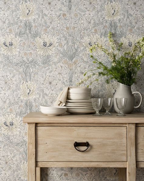 Morris & Co. x McGee & Co. Collaboration - McGee & Co. Studio Mcgee Wallpaper, Nb Wallpaper, Wallpapered Entryway, Wallpaper Powder Room, Mcgee And Co, Shea Mcgee, Blue Floral Wallpaper, Look Wallpaper, Dining Room Wallpaper