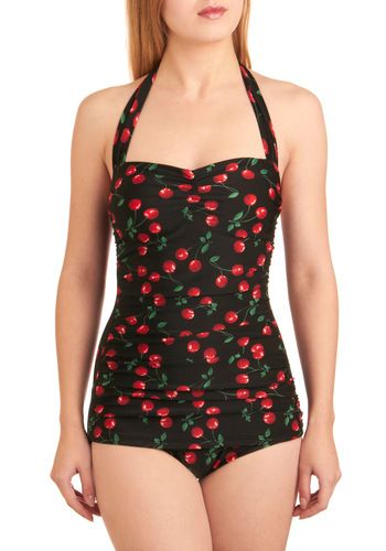 ModCloth. Retro swimsuit Retro One Piece Swimsuits, Pin Up Swimsuit, Retro Bathing Suits, Esther Williams, Vintage Bathing Suits, Halter Swimwear, Cute Bathing Suits, Va Va Voom, Cherry Print