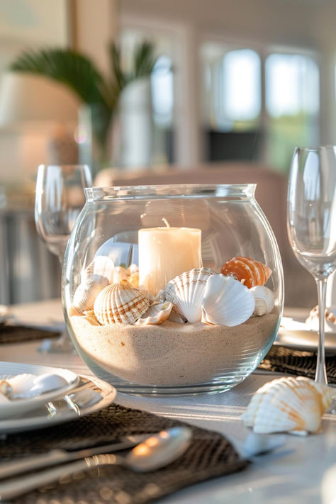 40+ Chic Kitchen Table Centerpiece Designs for a Coastal Home Beach Wedding Reception Centerpieces, Beach Themed Wedding Centerpieces, Shell Centerpieces, Beach Centerpieces, Beach Wedding Centerpieces, Beach Wedding Reception, Tafel Decor, Centerpieces Diy, Diy Beach