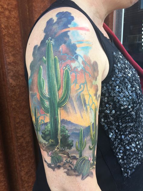 Arizona Tattoo Ideas, Desert Tattoo, Arizona Tattoo, State Tattoos, Running Tattoo, Tribute Tattoos, Cactus Tattoo, Landscape Tattoo, Tattoos For Black Skin