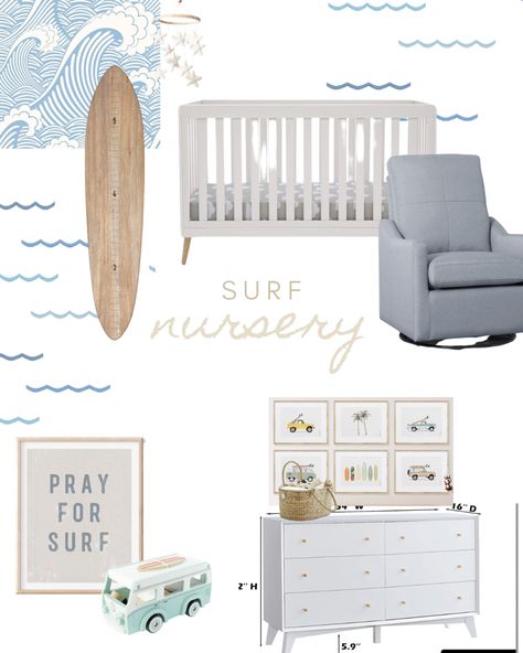 Wavy and ocean inspired design inspo for your tiny surfer’s new room. Ocean Surf Nursery, Surfer Theme Nursery, Boy Nursery Ocean Theme, Baby Boy Surfer Nursery, Surfer Baby Nursery, Beach Theme Nursery Boy, Surfer Boy Nursery, Surf Themed Nursery, Surf Nursery Theme