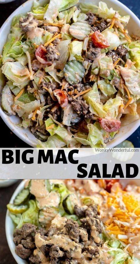 Following the Keto Diet and feeling those fast food cravings? This Low Carb Big Mac Salad Recipe is a life saver! Enjoy all the flavors of a Big Mac Cheeseburger without the bun and carbs. Perfect for a low carb dinner or lunch. #lowcarbrecipes #ketorecipes #lowcarbdinner #lowcarb #keto #saladrecipes #bigmacsalad Big Mac Cheeseburger, Low Carb Big Mac Salad, Big Mac Salad Recipe, Keto Big Mac Salad, Hamburger Salad, Keto Big Mac, Low Carb Big Mac, Big Mac Salat, Mac Salad Recipe