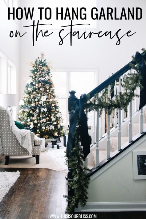 How to Hang Garland on the Staircase // This is our Bliss Banister Garland, Christmas Garland Staircase, Oak Banister, Garland Lights, Stair Banister, Pre Lit Garland, The Staircase, Staircase Railings, Christmas Porch Decor