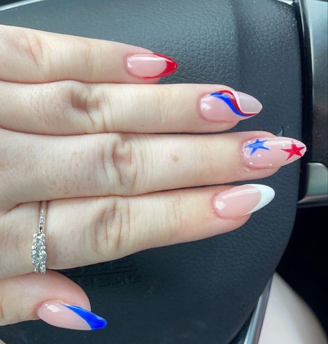 fourth of july nails / independence day nails / happy 4th / dip powder overlay with design / embellished by mariam salon in winter park, florida / 4th of july / holiday nails / acrylic gel manicure / nail design / stars and stripes / red white and blue nails / USA / united states of america Nail Inspo 4th Of July Simple, Forth Of July Nails Coffin, 4th Of July Nail Designs Square, Fourth Of July Aura Nails, 4of July Nails Simple, 4h Of July Nails, 4 Of July Nails Acrylic Almond, Memorial Day Nails Almond, Forty Of July Nails