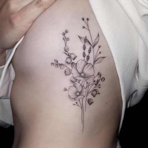 Moss Rose Flower Tattoo, Litha Tattoos, May And February Birth Flower Tattoo Together, Lily Of The Valley Poppy Tattoo, Butterfly Lily Of The Valley Tattoo, Violet Floral Tattoo, Lilly Of The Valley And Poppy Tattoo, Lily Of The Valley Hawthorn Tattoo, Lily Of The Valley And Violet Tattoo