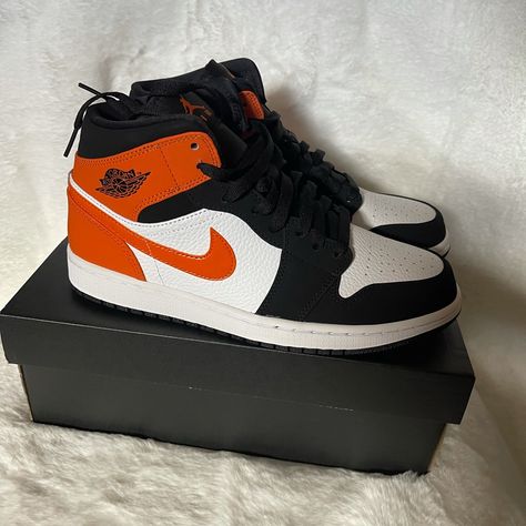 New, Never Worn Jordan 1 Mid. Orange & White Leather, Black Suede. Orange And Black Shoes, Orange And Black Jordan 1, Jordan 1 Mid Orange, Orange Jordans, Halloween Jordans, Jordan 1 Orange, Orange Jordan, Jordan 1 Mid Black, Nike Shoes Women Fashion