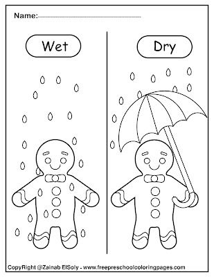 Gingerbread man learn opposites for kids - free printable preschool coloring pages wet and dry Wet And Dry Worksheet Preschool, Wet And Dry Activities For Preschoolers, Opposite Worksheets Preschool, Opposite Crafts For Preschoolers, Opposites For Kids, Opposites Preschool, Opposites Worksheet, Kindergarten Coloring, Coloring Pages Ideas