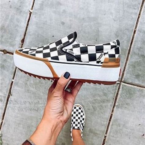 New Without Box Checked Stacked Vans, Size 6 Women’s. Vans Checkered Slip On Outfit Women, Vans Stackform Outfits, Stacked Vans, Vans Slip On Platform, Checkered Vans Outfit, Slip On Outfit, Platform Outfit, Clothing Aesthetics, Low Top Vans