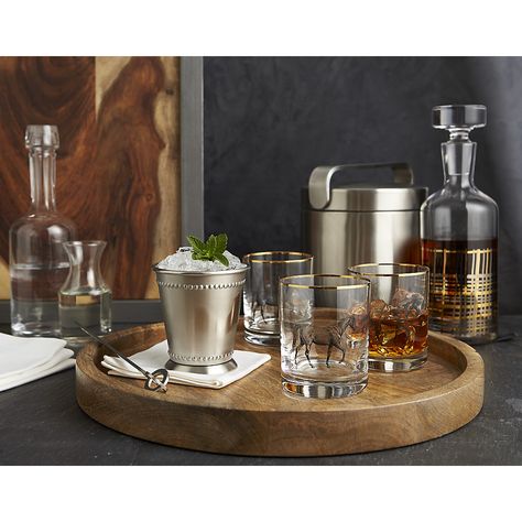 Cocktail Tray Display, Whiskey Tray, Mint Julep Cups, Carafe Design, Cocktail Trays, Bourbon Bar, Liquor Bar, Bar Cart Styling, Round Serving Tray