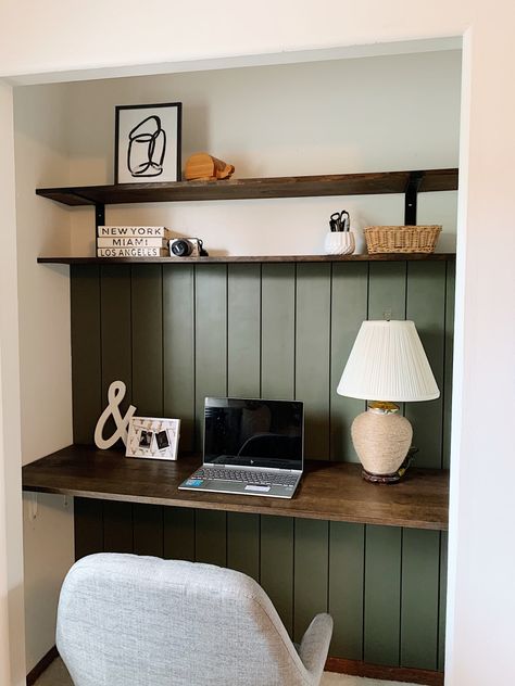 Closet Desk Nook Ideas, Corner Nook Office Small Spaces, Computer Desk Nook, Mid Century Modern Gaming Room, Mid Century Modern Game Room, Office Nook Wallpaper, Closet Turned Into Desk Area, Desk Nook Ideas, Desk Nook In Living Room