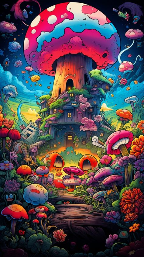 Phone Wallpaper Art Trippy Landscape Wallpaper, Trippy High Wallpaper, Iphone Wallpaper Trippy Aesthetic, Trippy Cartoon Wallpaper, Mushroom Wallpaper Trippy, Mushroom Tripping Art Wallpaper, Magic Mashrum Wallpaper, Physcadelic Wallpaper, Magic Mushroom Wallpaper