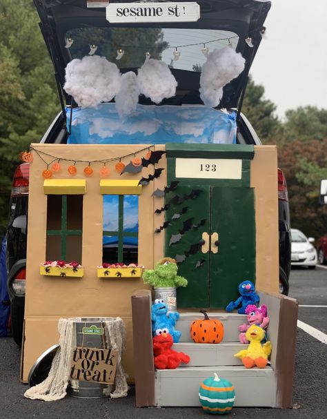 Created the Sesame house, stairs, and clouds for trunk or treat out of cardboard moving boxes Trunk Or Treat High School, Trunk Or Treat House Theme, Trunk Or Treat Ideas Sesame Street, Cardboard Trunk Or Treat, Trunk Or Treat For Preschoolers, Kindergarten Trunk Or Treat, Elmo Trunk Or Treat Ideas, Airplane Trunk Or Treat, Elmo Trunk Or Treat