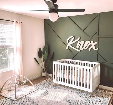 Moody Green x Board + Batten: two trends we predicted for 2020 and both are STILL GOING strong in the nursery this year and we don't mind it one bit!   📸: @findingfourseven Green Feature Wall Nursery, Baby Harness, Nursery Accents, Nursery Accent Wall, Baby Nursery Inspiration, Baby Room Themes, Babies Room, Nursery Name Sign, Nursery Room Design