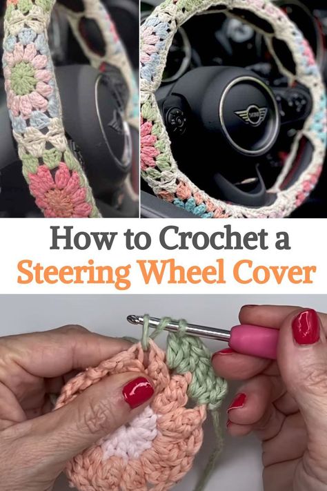 This video tutorial will show you how to crochet a bohemian style car steering wheel cover. The design is of beautiful flowers together with pastel colors, which makes it look feminine and delicate. It seems to us that it is a beautiful touch to personalize our car, definitely a piece that no one else will have, it is unique.Remember that you can do it in the colors you prefer, but as a recommendation we tell you to choose similar... Crochet Steering Wheel Cover Tutorial, Crochet Car Cover, Crochet For The Car, Steering Wheel Cover Crochet Pattern Free, Granny Square Steering Wheel Cover Pattern Free, Crochet Car Organizer, Crochet Car Seat Cover Pattern, Free Crochet Steering Wheel Cover Patterns, Crochet Seat Belt Cover Free Pattern