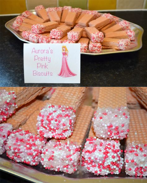 Princess Aurora Party Food, Pink Princess Party Food, Sleeping Beauty Birthday Party Food, Disney Princess Birthday Food Ideas, Sleeping Beauty Food Ideas, Sleeping Beauty Themed Food, Pastel Disney Princess Party, Sleeping Beauty Party Food, Aurora Party Ideas