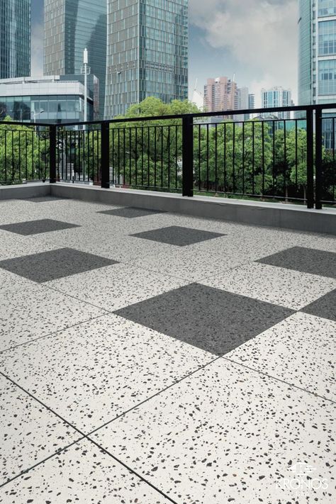 Rooftop pavers Inspiration - terrazzo look porcelain tiles. Collection by Kronos USA: Terrazzo WhiteBlack/Charcoal #kronosusa #kronosusapavers #madeinusa #porcelaintiles #porcelainstoneware #porcelainpavers #outdoortiles #outdoordesign #outdoorflooring #rooftoppavers #terracetiles #terraceflooring #rooftopfloor #roofdeck #roofpavers #raisedfloor #terrazzotiles #terrazzopavers #roofdecktiles #terrazzofloor #terrazzodesign #archilovers #landscaper #landscapedesign #architect Terrazzo Flooring Outdoor, Terrace Tiles Outdoor, Rooftop Tiles, Terrazzo Floor Design, Parking Tiles Design, Terrace Designs, Room Tiles Design, Lodge Plans, Modern Backyard Design