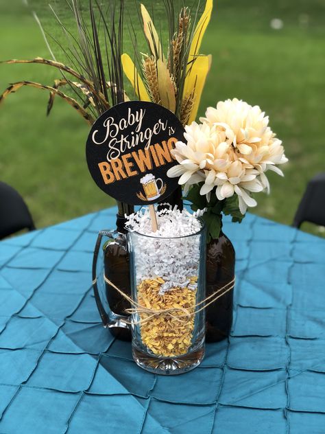 Diaper Keg Party Themes, Dudes And Diapers Party Decorations, Beer Themed Centerpieces, Diapers And Beer Party Ideas, Beer Bottle Centerpieces For Men, Huggies And Chuggies Party Decor, Diaper Keg Party Decor, Oktoberfest Baby Shower Ideas, Brewery Baby Shower Decorations