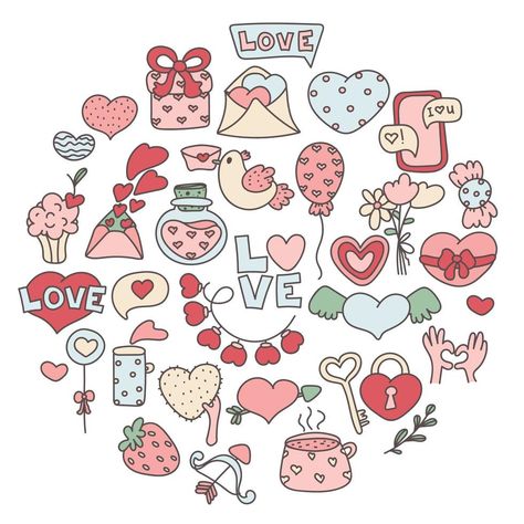 Valentine day set. Love holiday. Bundle of Valentines Day isolated objects in doodle style. Vector Art, Bundles, Vector Free, Valentines Day, Doodles, Valentines, Clip Art