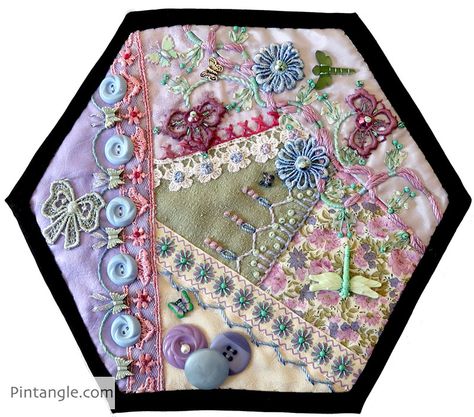 Sharon Boggon, Embroidered Hexies, Crazy Quilt Templates, Crazy Quilt Tutorials, Hexie Projects, Thread Crafts, Crazy Quilts Patterns, Hexagon Quilts, Crazy Quilt Stitches