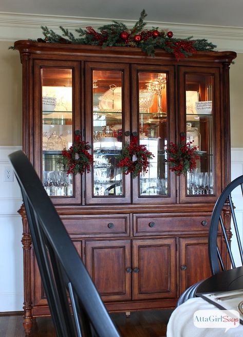 Large China Cabinet, China Cabinet Decor, Holiday Decorating Ideas, Christmas House Tour, Hutch Decor, Dining Room Hutch, Christmas Dining Room, Christmas China, Kitchen Splashback