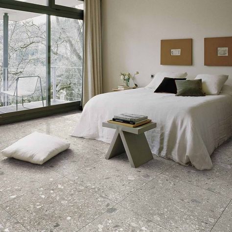 Grey Floor Tiles: Everything You Need To Know | Porcelain Superstore Bedroom Tiles, Terazzo Floor, Bedroom Tile, Tiles Outdoor, White Bedroom Design, Grey Floor Tiles, Bedroom Deco, Grey Flooring, Teenage Bedroom