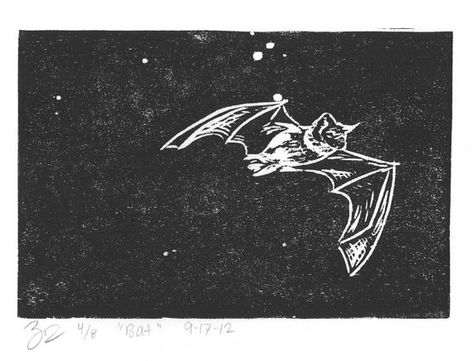 Bat woodcut print by LibrarianArtist on Etsy, $20.00 Bat Art Print, Bat Lino Print, Linocut Squirrel, Bat Linocut, Lino Printmaking, Bat Poster, Bat Tattoos, Unicorn Farts, Bat Art