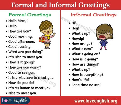 Greetings: 28 Useful Formal and Informal Greetings in English - Love English Formal Conversation In English, Formal Greetings In English, Greetings And Introductions In English, Greeting English Lesson, Formal Informal English, Formal And Informal Words In English, Greetings Words, Greetings English, Greetings In English