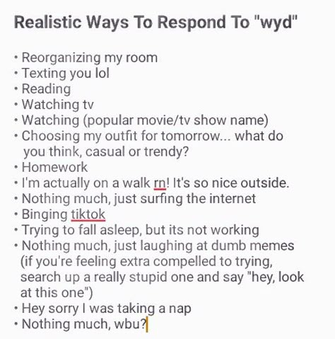 Good Replies For Wyd, How To Reply To Wyd Text, Good Responses For Wyd, Things You Can Say In Response To Anything, How Are You Replies Text, Response To Who Asked, What You Doing Replies, Its Always Wyd And Never Quotes, Best Responses For Wyd