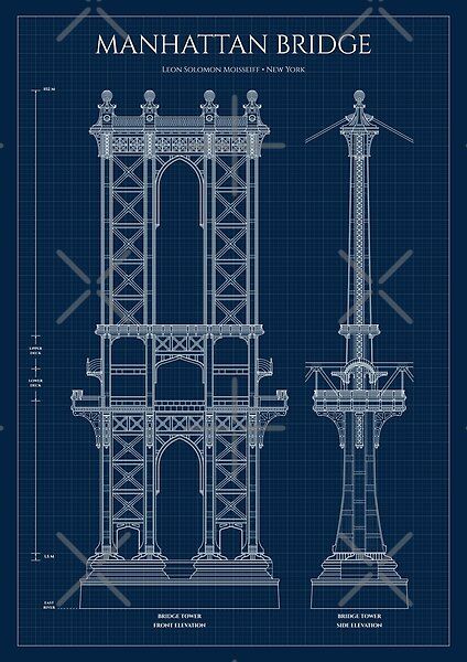 Manhattan Bridge Drawing, Bridge Blueprint, Tech Illustration, Architecture Prints, Bridge Drawing, Bridge Engineering, New York Illustration, Architecture Classic, Blueprint Pictures