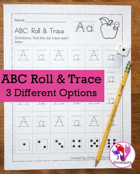 No-Prep ABC Roll & Trace - Uppercase and lowercase on one page with three tracing options $ - 3Dinosaurs.com #abcprintables #printablesforkids Roll And Write Letters Free Printable, Kinder Literacy Centers, Homeschooling Lessons, Preschool Handwriting, Love Activities, Roll And Write, Education Printables, Trace Letters, Literacy Centres