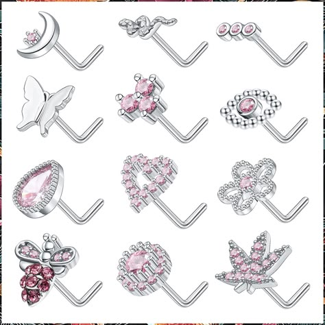 Staligue 12pcs 20G Nose Rings Studs L Shaped Nose Studs Stainless Steel Nose Piercings Flower Heart Snake Butterfly Moon Nose Piercing Jewelry Nose, Y2k Nose Ring, Nose Piercing Y2k, Nose Ring Aesthetic Stud, Cute Nose Piercing Jewelry, Hello Kitty Nose Piercing, Piercings Butterfly, Stud Aesthetic, Dream Piercings