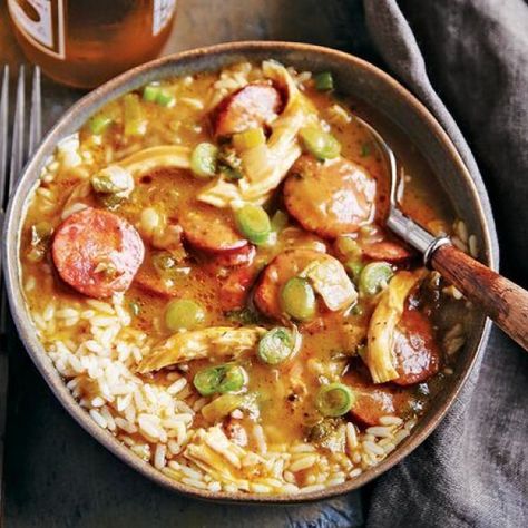 Southern Meals, Andouille Sausage Gumbo, Emeril Recipes, Nola Recipes, Emeril Lagasse Recipes, Chicken Sausage Gumbo, Barbecue Shrimp, Chicken Gumbo, Homemade Things