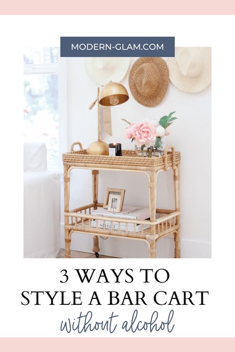 How to style your bar cart without alcohol. 3 unique ideas to decorate your bar cart that don't involve alcohol! Coffee bar cart, bar cart side table and summer drink station. Bar Cart Uses Ideas, Bar Cart End Table, Style Bar Cart Without Alcohol, Other Uses For Bar Carts, Bar Cart Alternative Uses, Non Alcoholic Bar Cart Ideas, Bar Cart Without Alcohol, Small Bar Cart Ideas, Bar Cart Styling Without Alcohol