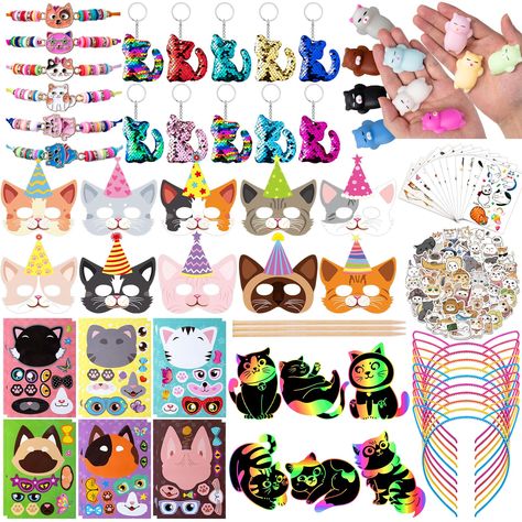 PRICES MAY VARY. BEST GIFT FOR THE KIDS - Just one set is enough for the whole cat birthday party favors, include 10 keychains, 10 Squishy Cat Set, 6 bracelets, 10 masks, 12 diy stickers, 10 hairband, 10 tattoo stickers, 6 big Scratch Bookmarks set, 62pcs cat stickers Best for Fill Up the Birthday Gift Bags. AWESOME GIFT - Introducing the perfect cat party favors for your feline-themed celebration! These adorable and fun party favors are ideal for any cat lover who wants to add a touch of kitty Birthday Cat Ideas Party Themes, Squishy Birthday Party Ideas, Cat Party Favors, Goodie Bag Stuffers, Sleepover Party Games, Cat Themed Parties, Cat Themed Birthday Party, 10 Tattoo, Party Favors For Kids