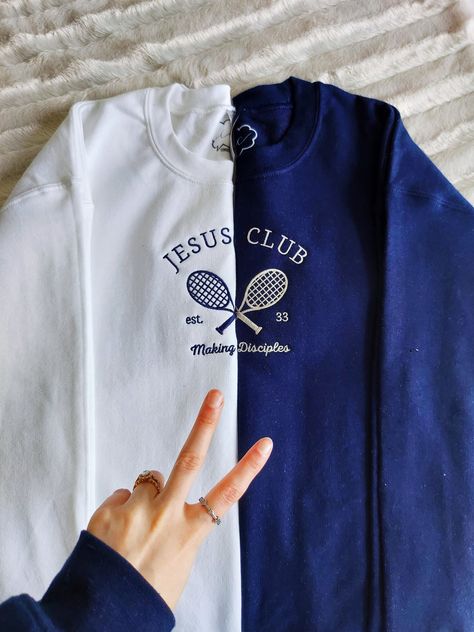 Christian Clothing Brand, Jesus Clothes, Christian Shirts Designs, Faith Based Clothing, Modesty Outfits, Faith Clothing, Crewneck Sweatshirt Women, Embroidered Crewneck, Cute Sweatshirts