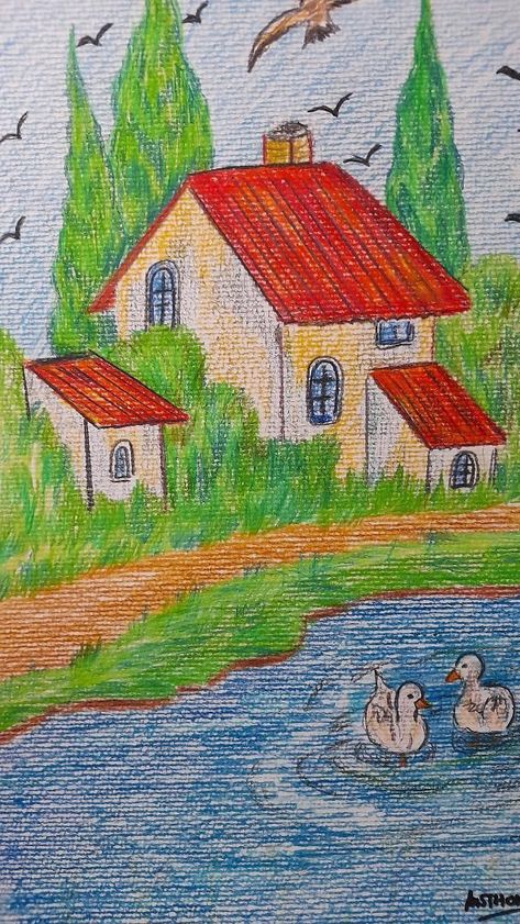 Pencil Colour Painting, Oil Pastel Drawings Easy, Drawing Scenery, Abstract Pencil Drawings, Pencil Drawings Of Girls, Colored Pencil Artwork, Cool Pencil Drawings, Oil Pastel Art, Oil Pastel Drawings