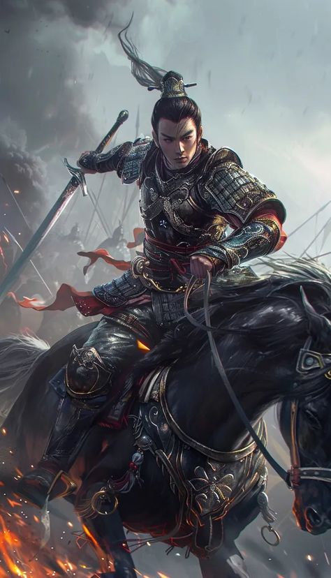 The picture shows a Chinese warrior on a black horse. He is wearing a black and red armor and a helmet with a long white plume ->> more details in ai-img-gen.com Black And Red Armor, Red Armor, Chinese Armor, Battle Scene, Chinese Warrior, Black Horse, Battlefield, Picture Show, Soldier